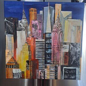 20x20 ORIGINAL ART SIGNED MIX MEDIA: ACRYLIC NY SKYLINE PHOTO IMAGES FROM 60s NY